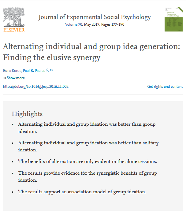 With few exceptions, you should NEVER start generating new ideas in a group - always start with people writing ideas alone and only then move to a group setting. (We've known starting with groups is worse for 50 years, but people still keep doing it since it feels more creative)