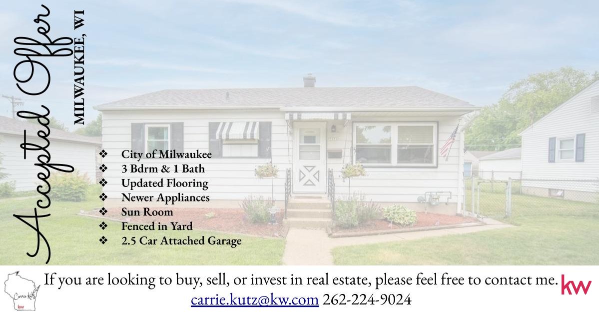 CarrieKutz's tweet photo. JULY CELEBRATIONS!!!
Please help me congratulate Sergio on his ACCEPTED OFFER!!!
If you are looking to buy, sell, or invest in real estate, please feel free to contact me.
carrie.kutz@kw.com
262-224-9024
#LevelUp #helpingfamiliesachievetheirdreams
#KnowHow2Win #Homes4Heros https://t.co/dQhMd8sdqy