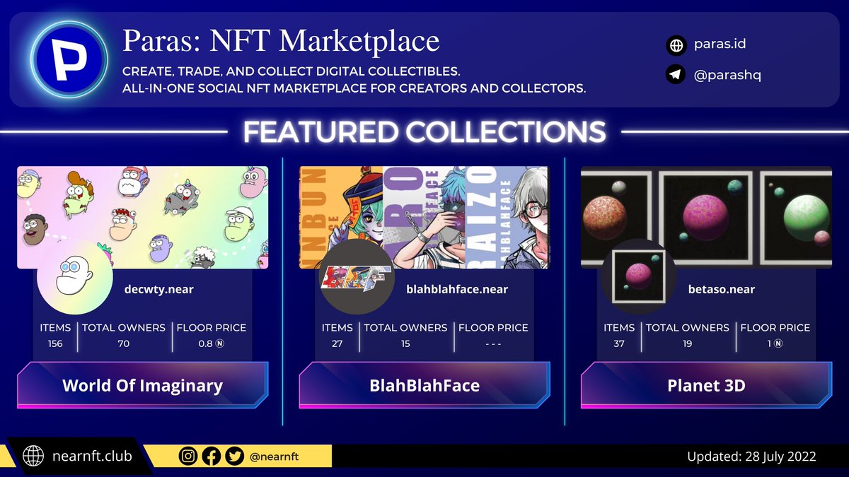 NEAR NFT • News Club (22K) (@nearnft) on Twitter photo 🚨Featured collections on <a href="/ParasHQ/">Paras 🟩🟧</a>
🛡️World Of Imaginary by <a href="/decwty/">Decwty</a>
🛡️BlahBlahFace by <a href="/BlahBlahfaceNFT/">BlahBlahFACE</a>
🛡️Planet 3D by <a href="/BetaSOCryp/">Abstract Science Art</a>
⏩paras.id
<a href="/NEARProtocol/">NEAR Protocol</a> $NEAR #NEARnft #PARASnft 🚨Featured collections on <a href="/ParasHQ/">Paras 🟩🟧</a>
🛡️World Of Imaginary by <a href="/decwty/">Decwty</a>
🛡️BlahBlahFace by <a href="/BlahBlahfaceNFT/">BlahBlahFACE</a>
🛡️Planet 3D by <a href="/BetaSOCryp/">Abstract Science Art</a>
⏩paras.id
<a href="/NEARProtocol/">NEAR Protocol</a> $NEAR #NEARnft #PARASnft