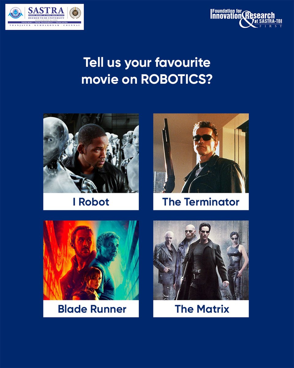 Sastratbi's tweet photo. Are you a fan of Robotic movies? We'll here's you chance to pick on the same. Comment below and let us know your favourite in the lot.
#sastrauniversity #incubator #startupclub #businessidea #innovation #research #innovate #robotics #futureofrobotics #robotfacts #robotsnews https://t.co/W30OSBMxiW