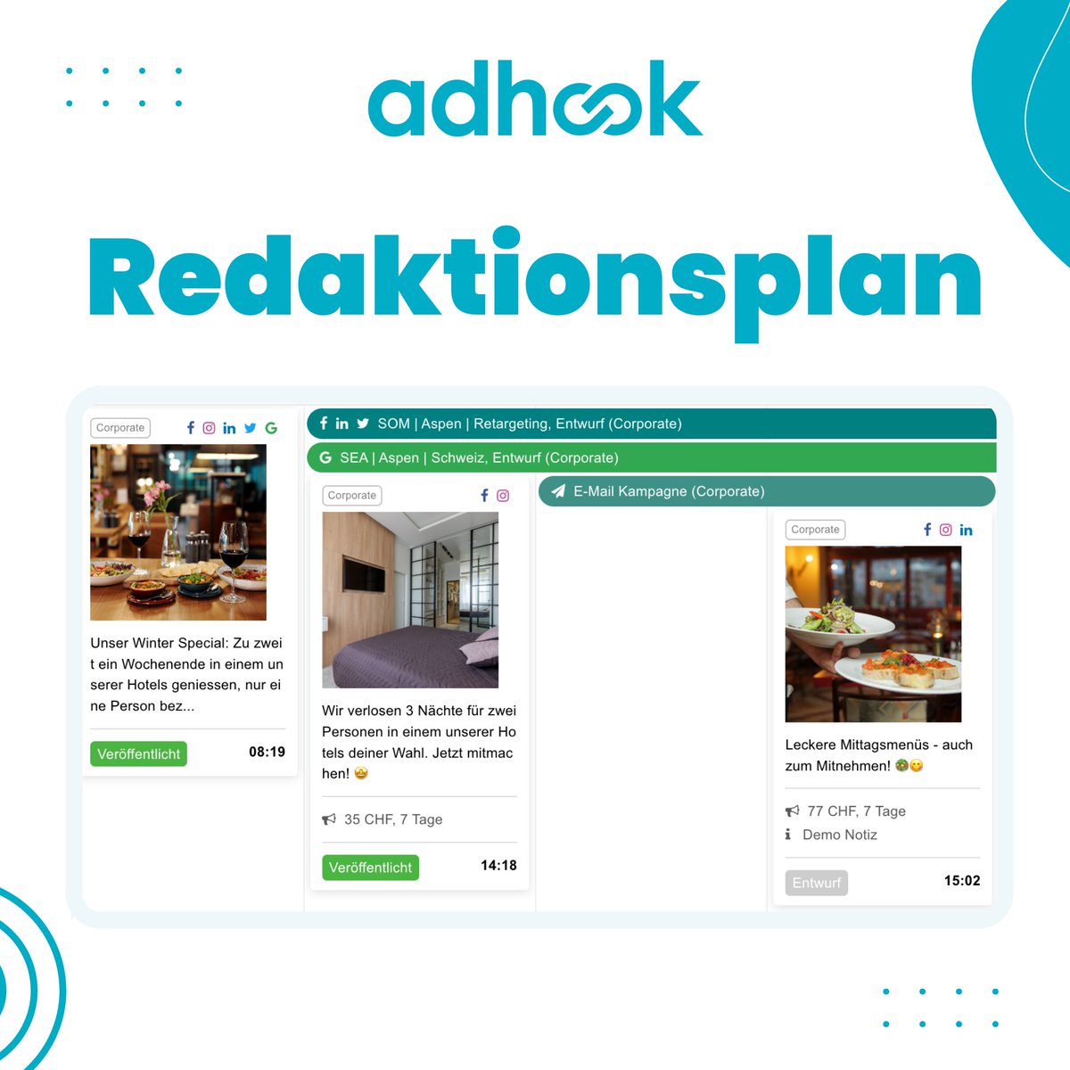 adhook_io's tweet photo. Der Redaktionsplan in adhook kurz zusammengefasst: 

🤩 Überblick aller Aktivitäten behalten
⏳️ Cross-Channel Aktivitäten effizient planen
🤝 Zusammenarbeit an Content fördern
🚀 Posts &amp; Kampagnen direkt veröffentlichen

👉️ https://t.co/AXvXZIS8FG

#SocialMediaManagement https://t.co/uNjzBTVWOx