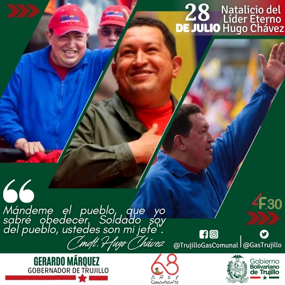 Este #28Jul mantenemos perenne los ideales de nuestro Comandante Eterno Hugo Chávez. A #68AñosEnElCorazónDelPueblo seguimos el ejemplo del hombre que despertó la conciencia de los venezolanos para luchar por nuestra Patria bajo su indeleble legado de unidad, paz y amor.