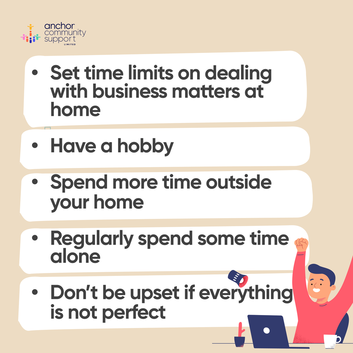 AnchorCommUK's tweet photo. No job can consume 100% of your time. It’s not sustainable. So whether you want to hear it or not, separating personal life from work is the only way to stay healthy and happy. 

How to achieve that? Use 10 tips! ✅

#jointoanchor #Bristol #supportworkers #nursing #caregivers https://t.co/Q3JuVeT7ME