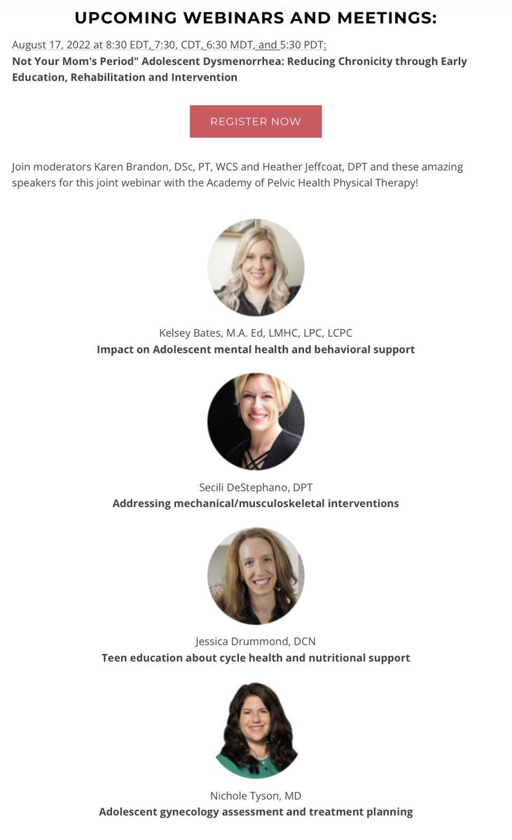 #healthequity #adolescentmedicine 
#pelvicpain
#pelvicPT
Not Your Moms’s Period.  Adolescent dysmenorrhea: Reducing chronicity with early education rehabilitation and intervention. us02web.zoom.us/webinar/regist…