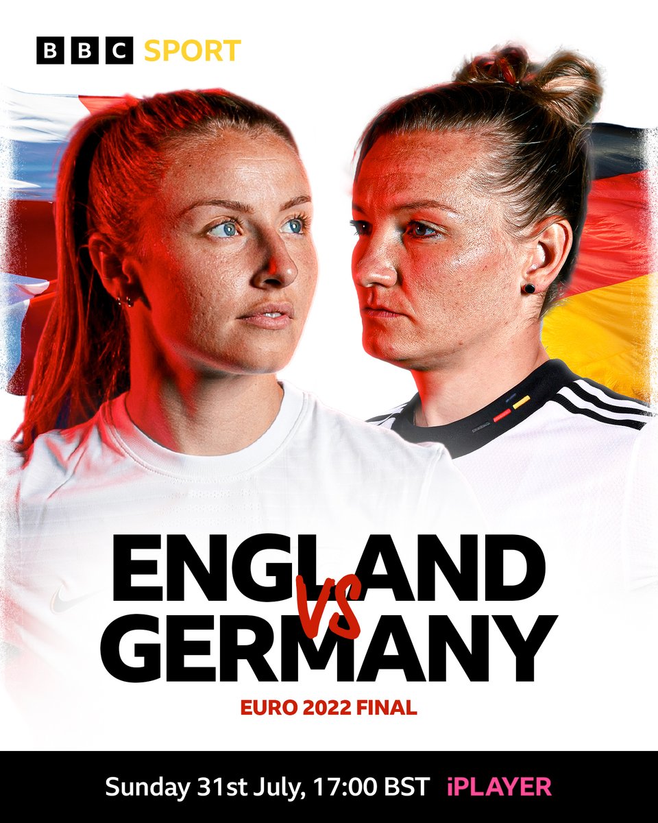 BBCiPlayer's tweet photo. 🏴󠁧󠁢󠁥󠁮󠁧󠁿🇩🇪 The final is set! England will face Germany in the Euro 2022 final!

You WON'T want to miss this! 🤩👀🍿

#BBCEuros #BBCFootball https://t.co/teNi9bOsUz