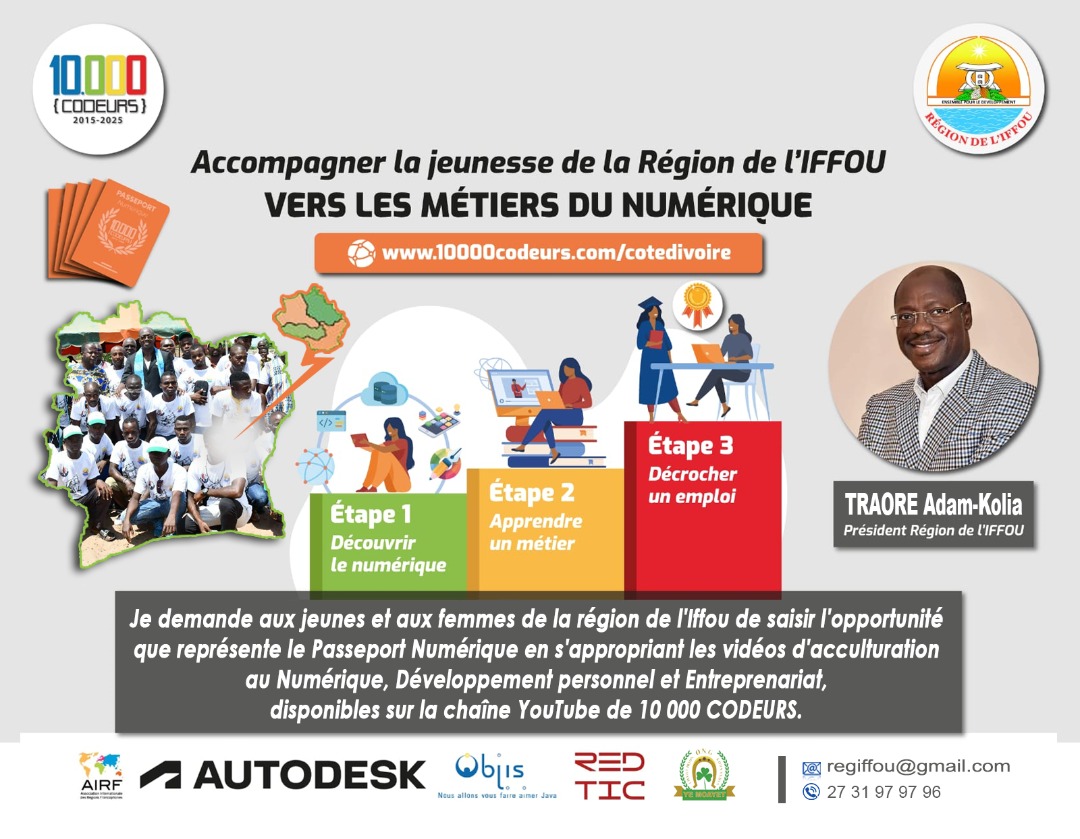douglasmbiandou's tweet photo. [COTE D'IVOIRE] Adam-Kolia TRAORE, Président de la Région de l’IFFOU (330.000 Habitants, âge médian 19 ans) choisit @10000codeurs pour accompagner les jeunes de l'IFFOU vers les métiers et l'entrepreneuriat Numérique https://t.co/rDiBW4UMpp 

Merci #AIRF  @auvergnerhalpes https://t.co/xzsf03jj8b