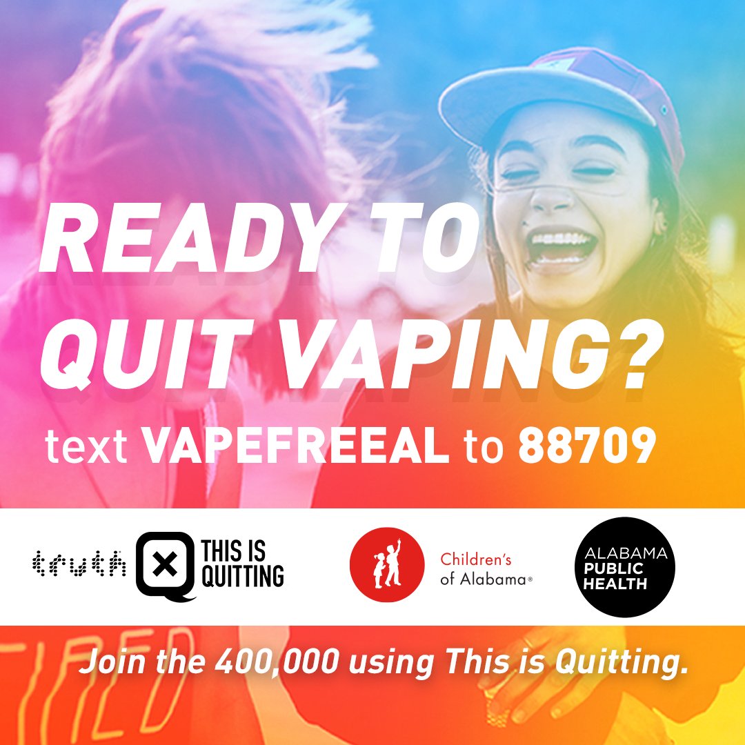 ChildrensAL's tweet photo. Are you ready to quit vaping? You’re not alone. Text VAPEFREEAL to 88709. Today on campus, visit our Vape Free AL tables to learn more. #VapeFreeAL #TruthInitiative #vaping #thisisquitting #ChildrensAL https://t.co/TtAvO1e9e6