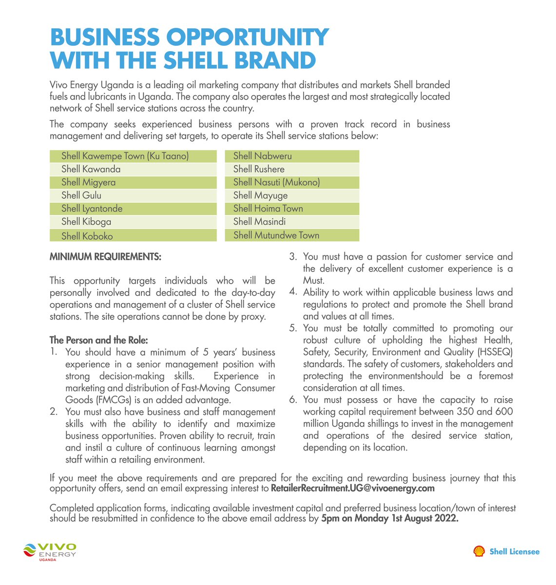 BUSINESS ALERT: Check out the exciting business opportunity to operate our @Shell_Uganda service stations! Send your expression of interest or any inquiries via email to RetailerRecruitment.UG@vivoenergy.com.