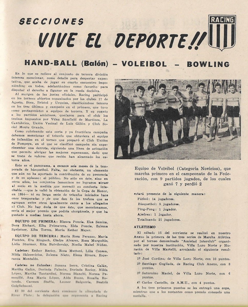 🤾‍♀️🏀🤸‍♂️"¡¡No solo de fútbol vive el deporte!!" Boletín Informativo Racing Club N°6 Año 1 Noviembre de 1956. Fondo Elena Mattiussi.