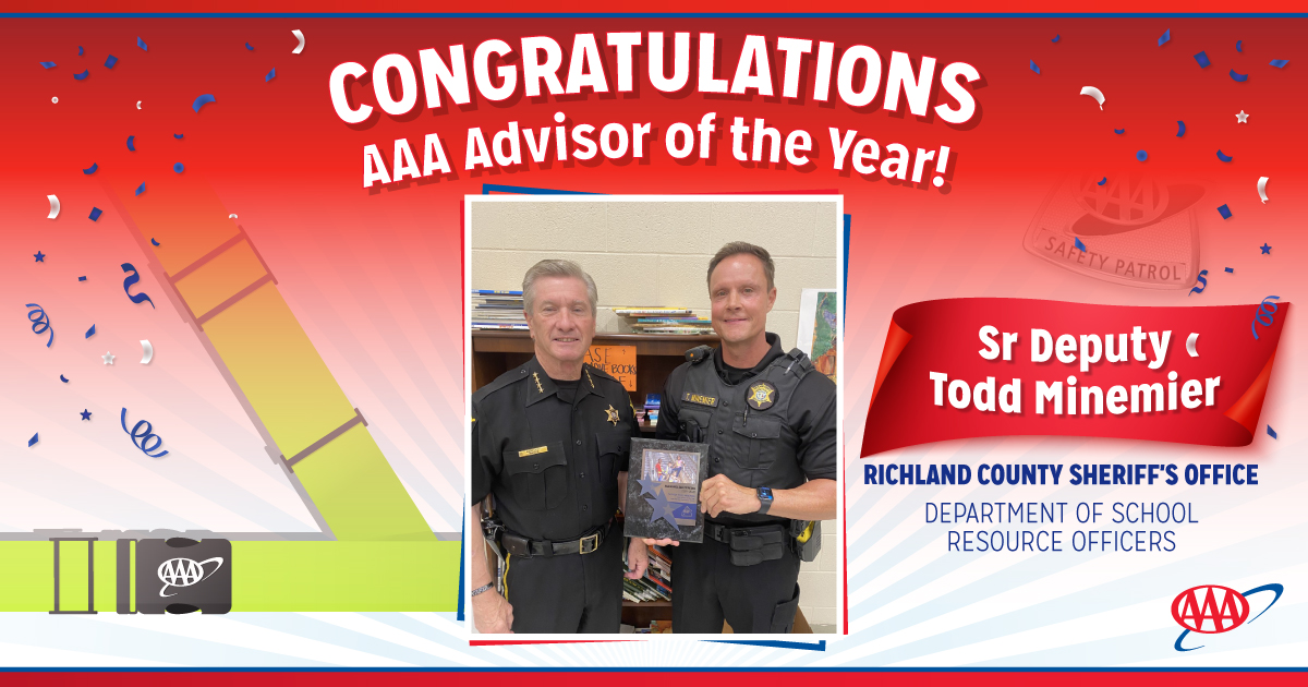 Congratulations to Department of School Resource Officers Sr. Deputy Todd Minemier with the Richland County Sheriff's Office for being AAA's Advisor of the Year in the Carolinas! Thank you for 36 years of service <a href="/LMESChapin/">LMESChapin</a> 👮🏻
