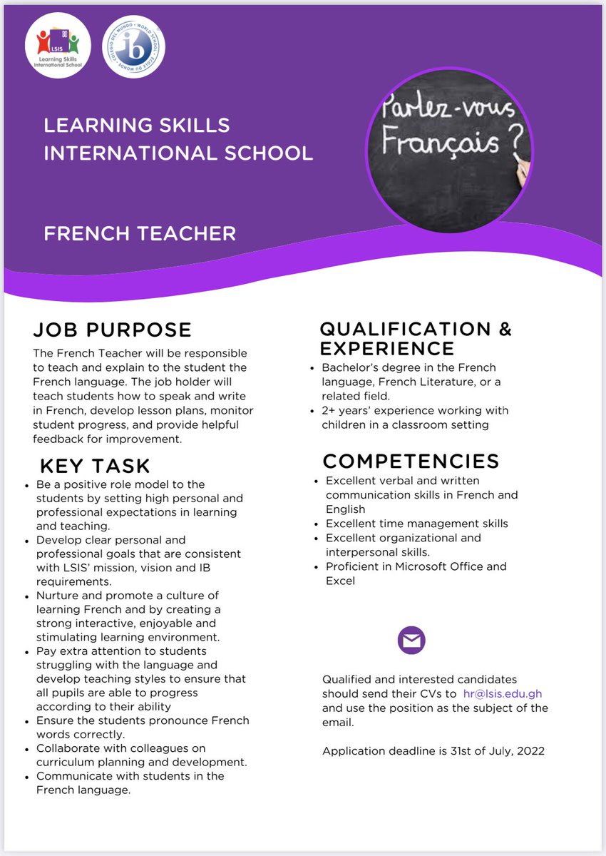 LSISGhana's tweet photo. We are hiring … Want to join our team ? Send cvs to hr@lsis.edu.gh using the position you’re applying for as the subject of the email . 
Thank you 
#hire #employment #ib #internationalschool https://t.co/DH2h9f0sGC