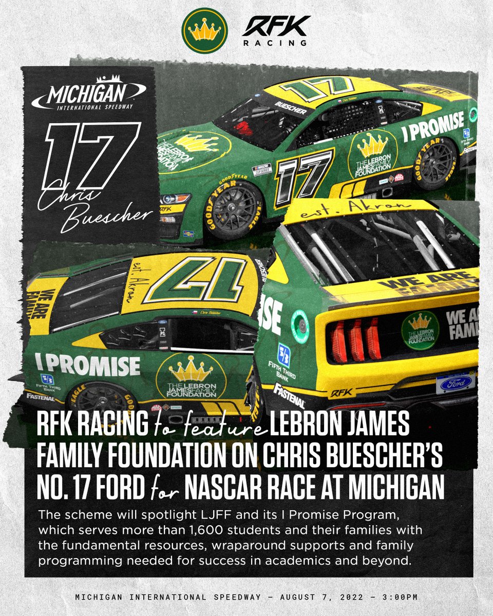 LJFamFoundation's tweet photo. Akron, we're heading to @MISpeedway with @RFKracing! 🏎👑 To see our Foundation represented alongside one of the most iconic racing teams in @NASCAR shows our kids from Akron that anything is possible and nothing is out of reach for them. 💚 https://t.co/OIeqoSfjDA