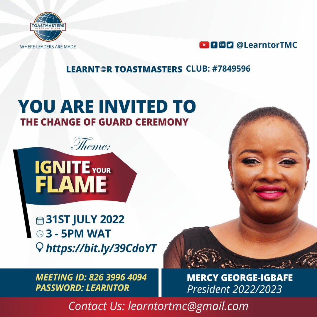 learntortmc's tweet photo. Meet our incoming President @MGIMercy 

Join our Change of Guard Ceremony
Join our Change of Guard Virtually
📍https://t.co/MbVb6R4XPu
Meeting ID: 826 3996 4094
Passcode: LEARNTOR

Topic:Ignite your Flame
⏰:3 - 5 PM PM WAT
📅 :Sunday 31st July 2022 

#LEARNTOR #Learntortmc https://t.co/YRPeyB6w5F