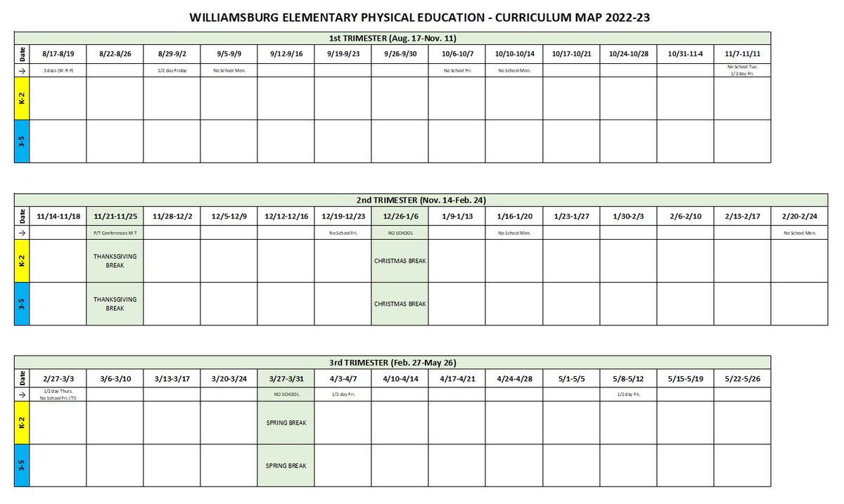 Here's how I get the big picture of my curriculum map...I create a 1-page visual in Excel and plug in the names of the units/skills/concepts I want to cover each week. It gives me an 'at-a-glance' look at how I lay out my year. #physed #curriculumplanning #yearlyplan