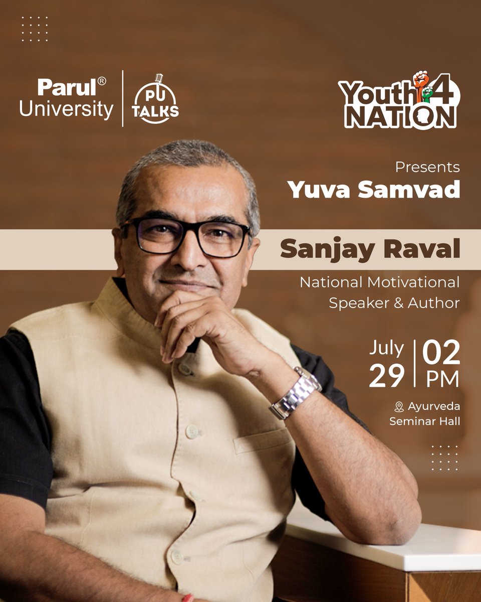 ParulUniversity's tweet photo. Be it Monday or Friday, we all need motivation to do things out of our comfort zone every day. 🙇💫
Mr. Sanjay Raval, a motivational speaker and author, will be joining us for a motivational session on Youth for Nation.
#putalks #paruluniversity #yuvasamvad https://t.co/CIyYfbEB1i