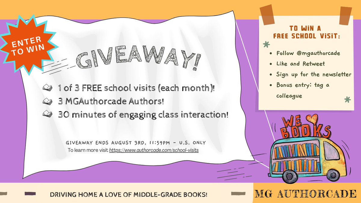 📢!!GIVEAWAY!!📢
Win a FREE virtual school visit from 3 MG Authorcade authors in September! 🤯
To enter:
* Sign up for our newsletter: authorcade.com/contact
* Follow &amp; retweet this post
* Bonus entry: tag a colleague
3 winners! Good luck!!
#mglit #teachers #librarians