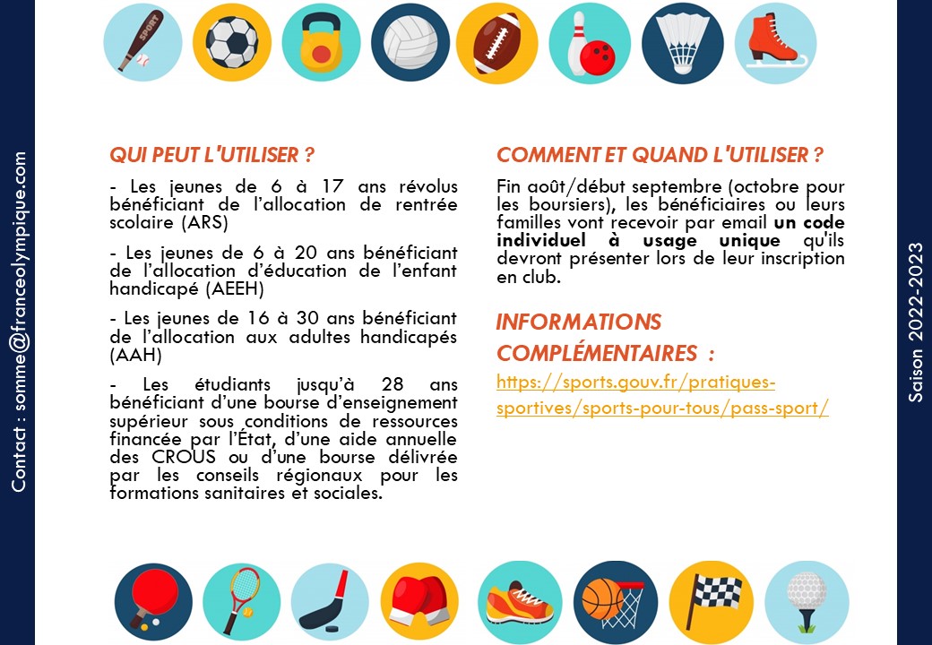 Le Pass'Sport est renouvelé pour la Saison 2022-2023! 💪
Plus d'informations : sports.gouv.fr/prati.../sport…