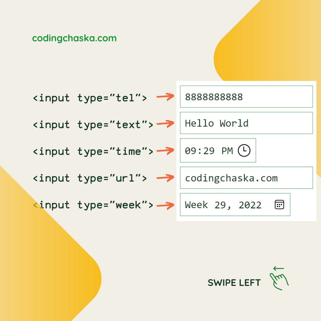 CodingChaska's tweet image. 2. The &lt;inputt&gt; HTML element is used to take the value from the user. You can take various types of values from the input element. Here is our humble effort to make it easy for you.
#codingchaska #html #html5 #htmlcss #frontend #frontenddeveloper #codingisfun
#codinglife