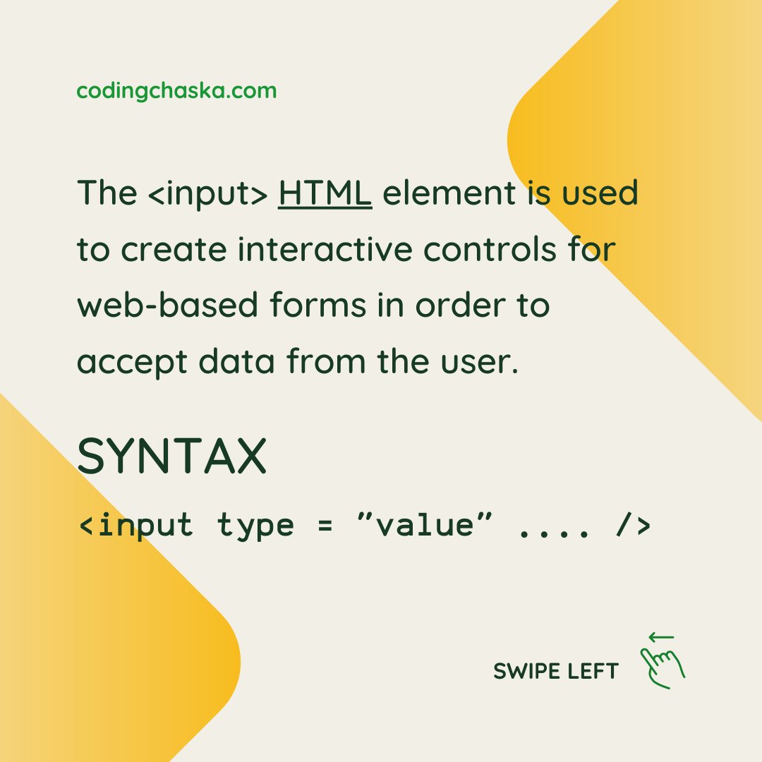 CodingChaska's tweet image. 1. The &lt;inputt&gt; HTML element is used to take the value from the user. You can take various types of values from the input element. Here is our humble effort to make it easy for you.
#codingchaska #html #html5 #htmlcss #frontend #frontenddeveloper #codingisfun
#codinglife