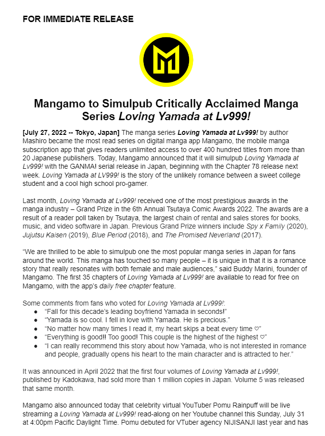 Mangamo Will Simulpub Award-Winning Loving Yamada at Lv999!
