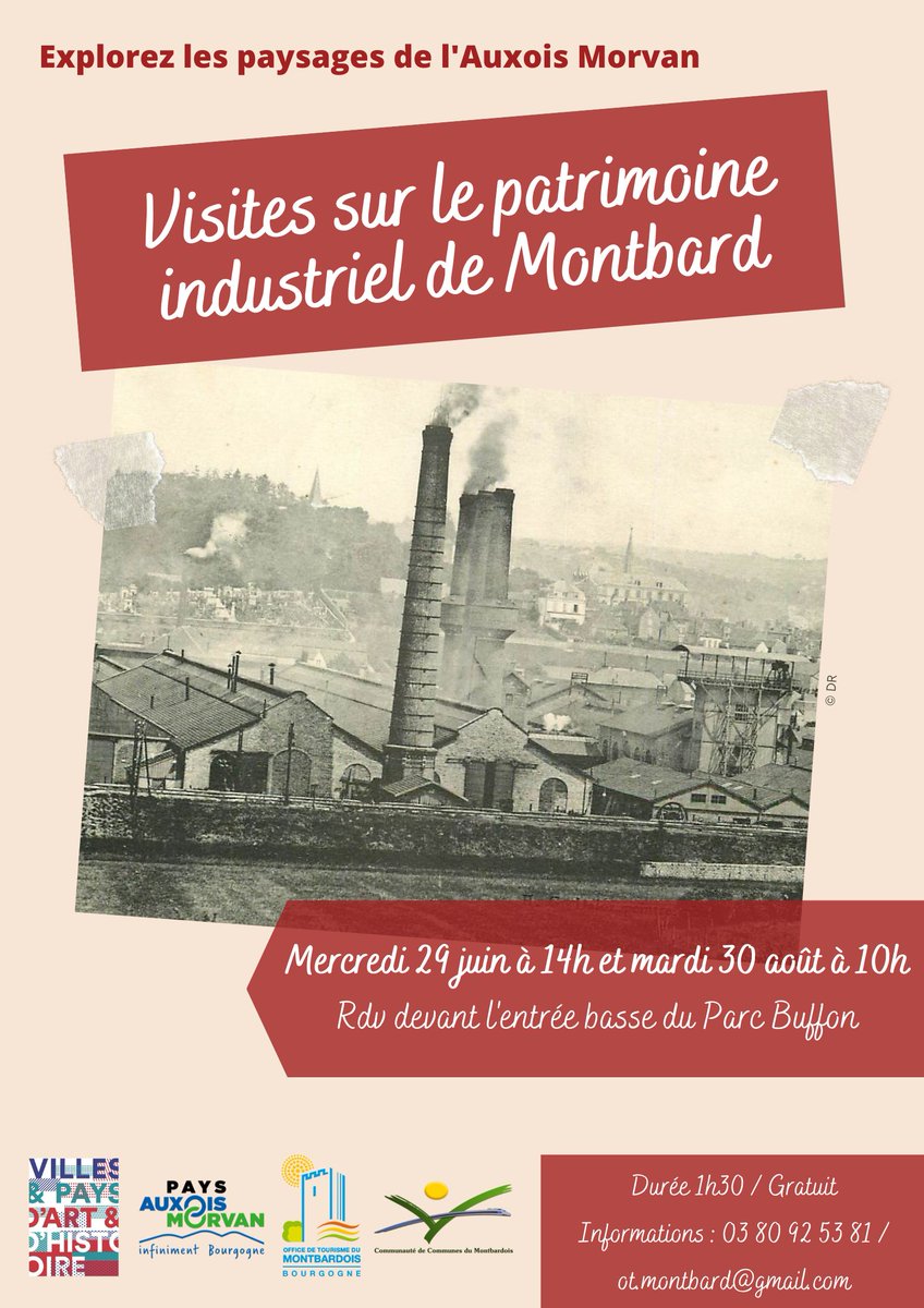 [#agenda visites de l'été]
Visite sur le patrimoine industriel de #Montbard mardi 30/08 🏭🧑‍🏭⚙
👉 Durée 1h30 / Gratuit
urlr.me/psWH3
#visiteguidee #decouverte #patrimoine #auxois #mymontbard #lacotedorjadore #montbardois #bourgogne