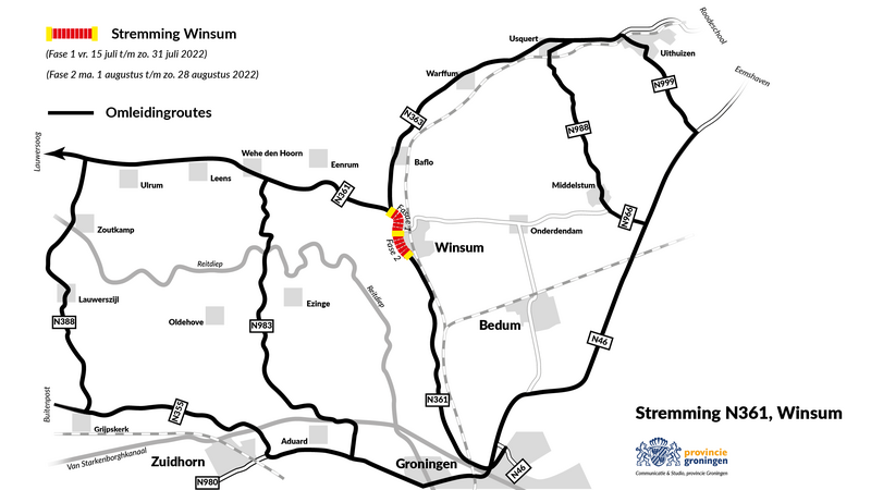 🚧De #N361 vanaf de rotonde bij Ranum t/m de rotonde Het Aanleg is vanaf 6u op 1 augustus weer open voor verkeer. Vanaf 1 augustus t/m 28 augustus wordt het weggedeelte vanaf rotonde Het Aanleg tot de aansluiting met de Borgweg afgesloten. Voor meer info: provinciegroningen.nl/actueel/nieuws…