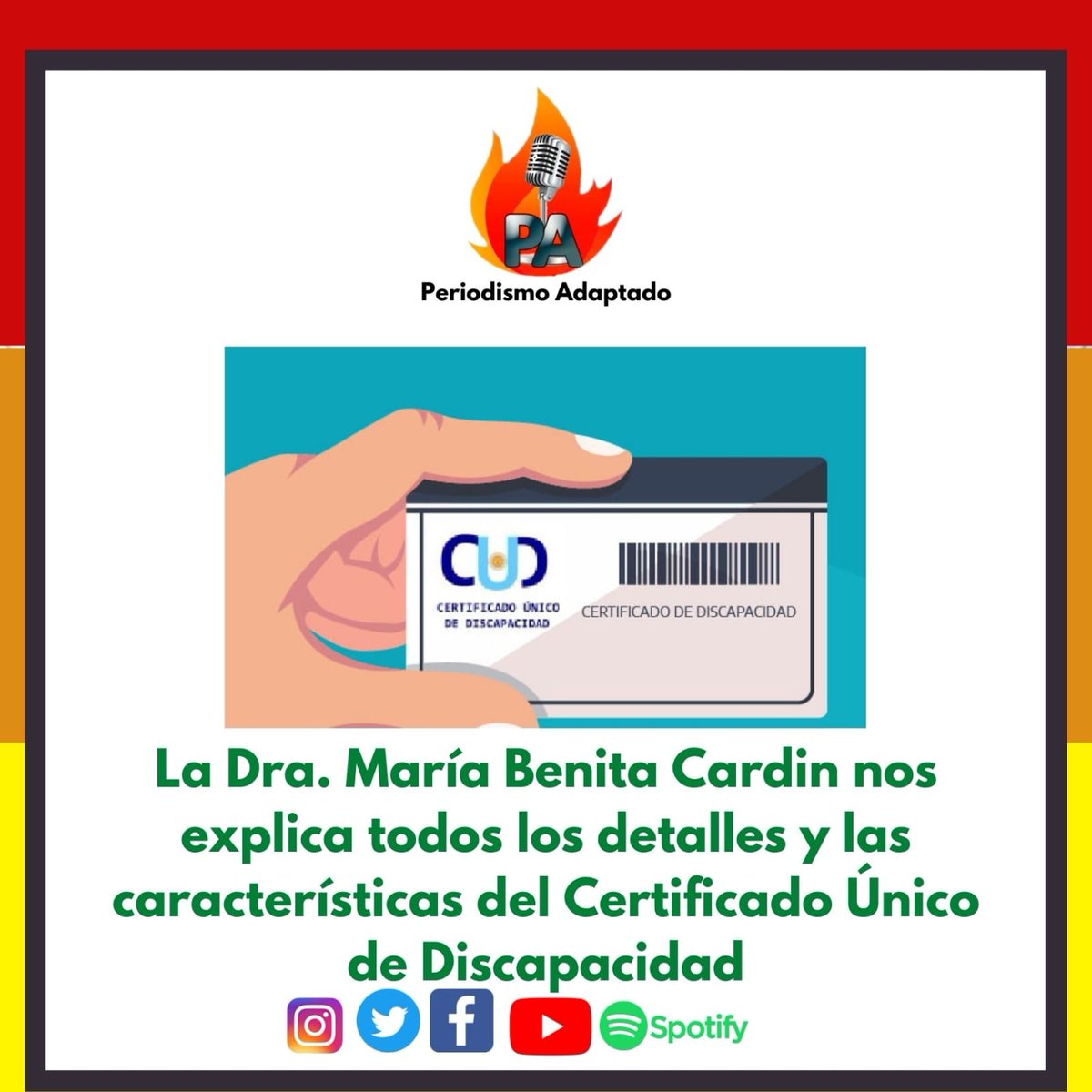 Legislación y derecho: Qué es y cuales son las características del Certificado Único de Discapacidad (CUD) por la Dra. María Benita Cardín
La nota completa en:
▶FB: facebook.com/Periodismo-Ada…
@andiscapacidad   #ANDIS