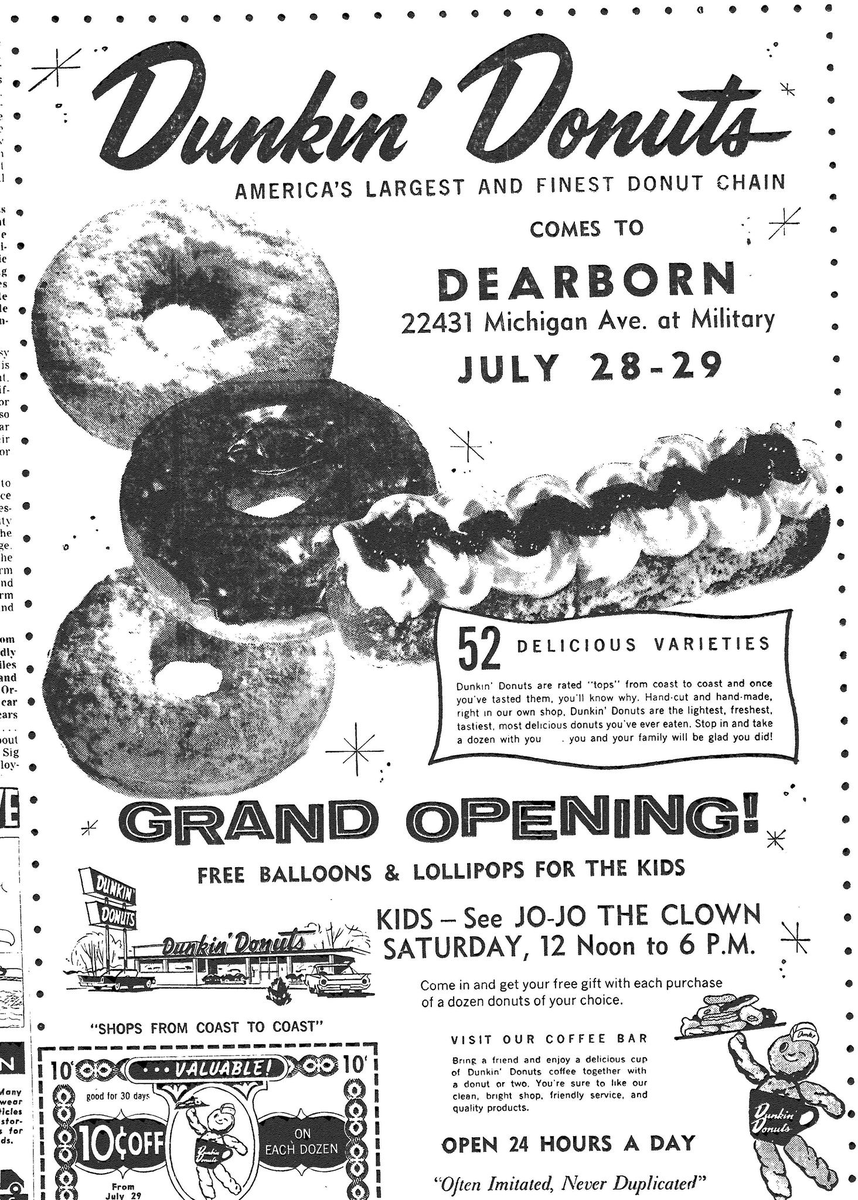 DearbornHMuseum's tweet image. 60 years ago this week, Dearborn&apos;s first Dunkin Donuts location opened.
[ad from the Dearborn Press]
