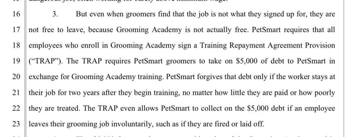 New class-action against PetSmart alleges the chain traps workers in grooming jobs by holding $5,000 in debt from the ‘grooming academy’ over their heads, locking them into PetSmart for 2 years protectborrowers.org/wp-content/upl…