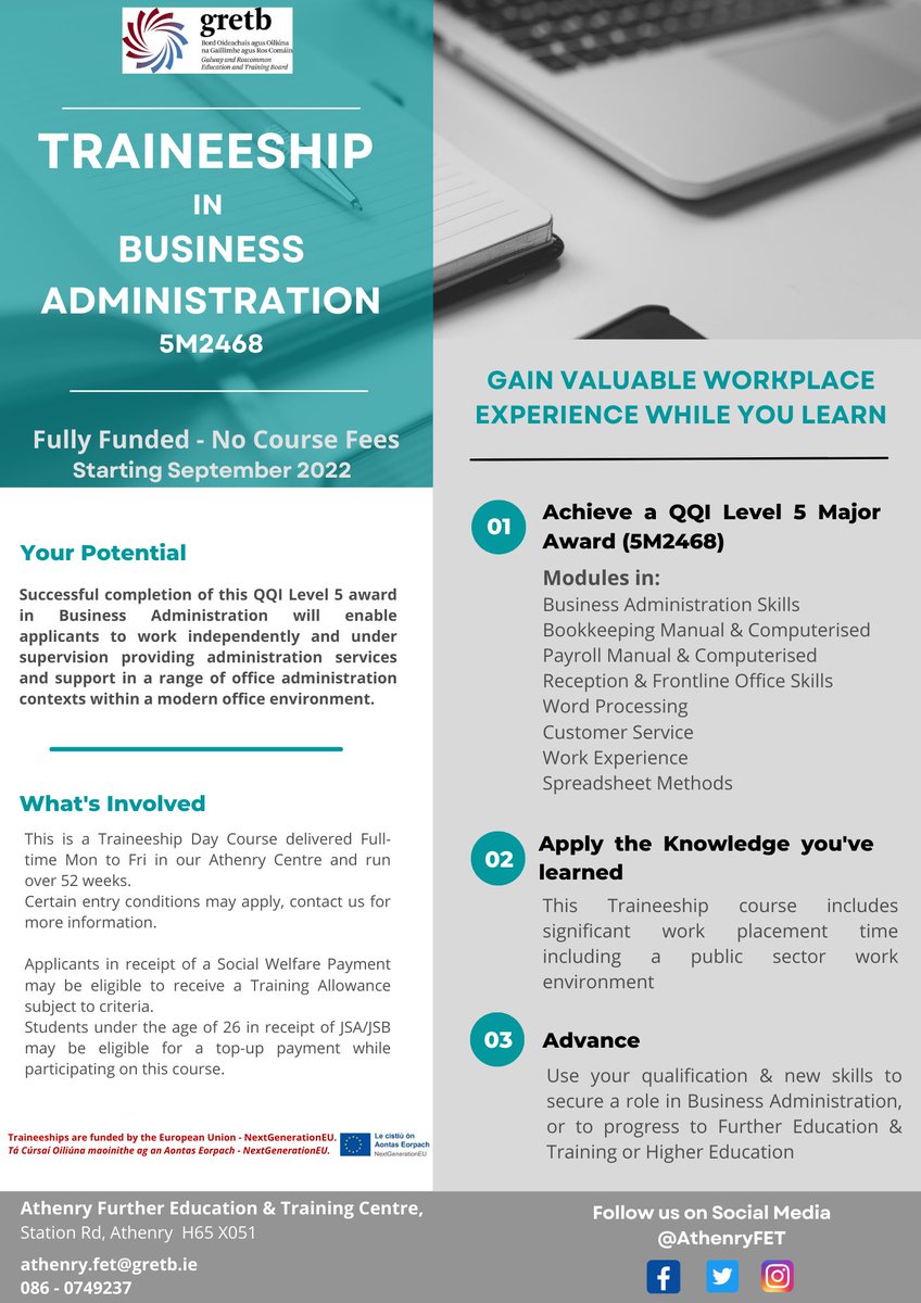 Athenry Further Education & Training Centre, GRETB (@athenryfet) on Twitter photo Full-time #traineeship in #BusinessAdministration starting Sept 2022 <a href="/AthenryFET/">Athenry Further Education & Training Centre, GRETB</a>
Gain a recognized QQI Level 5 Qualification (5M2468) & obtain valuable workplace experience in a #PublicSector work environment while you learn.
Contact us at athenry.fet@gretb.ie or 086-0749237 Full-time #traineeship in #BusinessAdministration starting Sept 2022 <a href="/AthenryFET/">Athenry Further Education & Training Centre, GRETB</a>
Gain a recognized QQI Level 5 Qualification (5M2468) & obtain valuable workplace experience in a #PublicSector work environment while you learn.
Contact us at athenry.fet@gretb.ie or 086-0749237