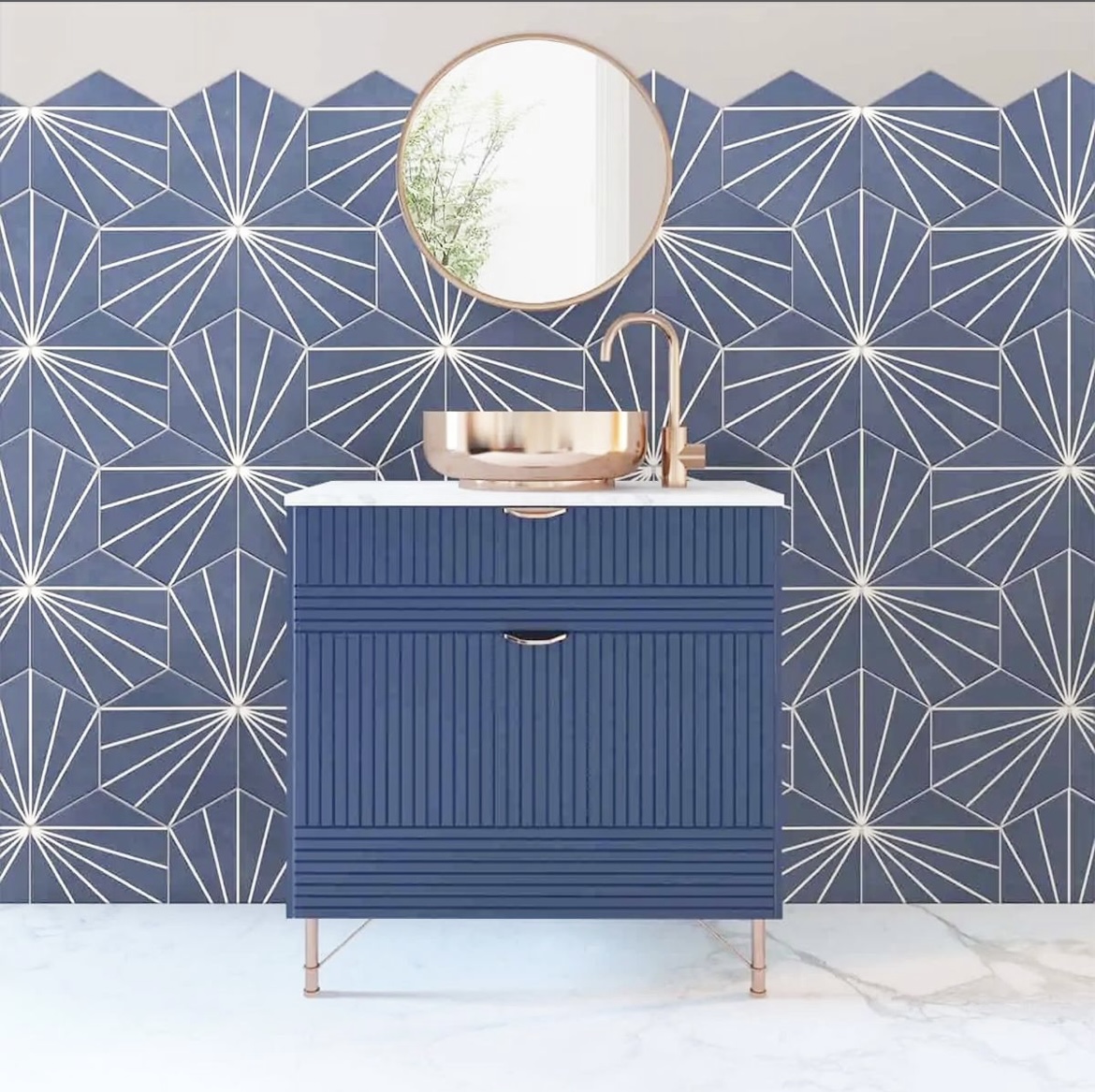 This porcelain tile can be used to transform both floors and walls providing a continuous eye catching pattern. This particular tile can be found in our online store under Kensal Rise Hex Blue.