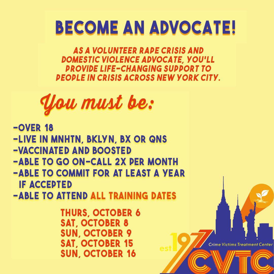 Ready to make a profound difference in a survivor’s life? Become an advocate with CVTC. All it takes is a comprehensive 40-hour training (provided by us, online), two 12-hour shifts per month, and a willingness to do a whole lot of good. Apply here: bit.ly/nycadvocate