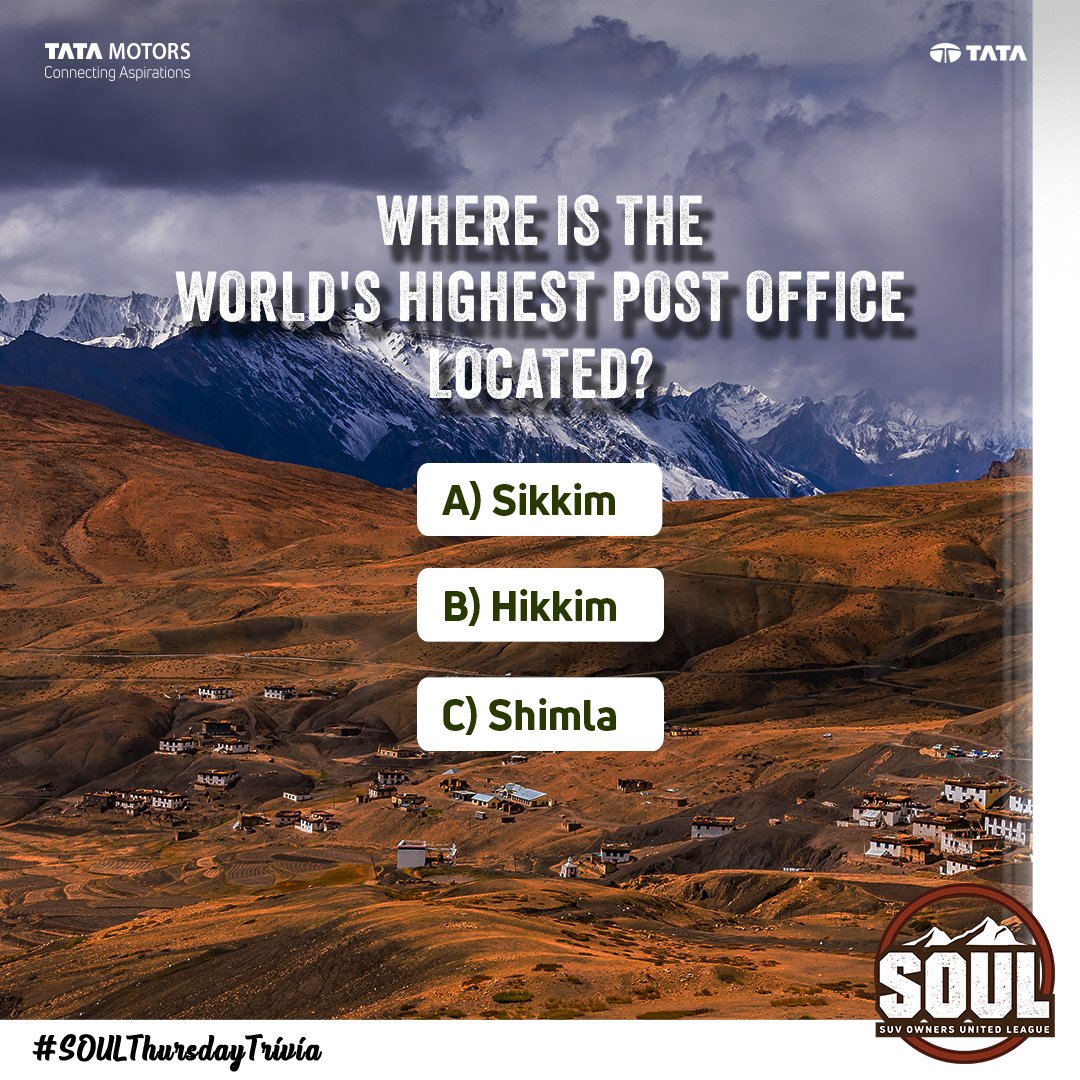 TataMotors_Cars's tweet image. This week&apos;s #SOULThursdayTrivia will get you acquainted with an interesting piece of knowledge!💭
Let’s see if you can guess the right answer in the comments below. 🤔 
 
Hint – This post office is in operation since 1983.

#DriveWithSOUL #ConnectWithSOUL #TriviaTime