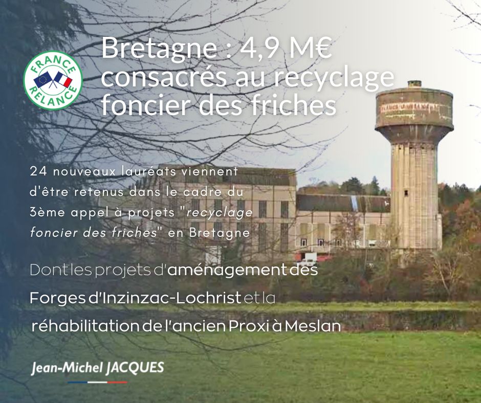 J_M_Jacques's tweet photo. 🇫🇷 France Relance | 4,9 M€ consacrés au recyclage foncier des friches en Bretagne 🌱
2 nouveaux projets viennent d’être retenus pour l'appel à projets "#recyclage foncier des friches" dans notre #circonscription à #InzinzacLochrist et à #Meslan.
@Prefet56 @Economie_Gouv https://t.co/jBPbS8u8i5