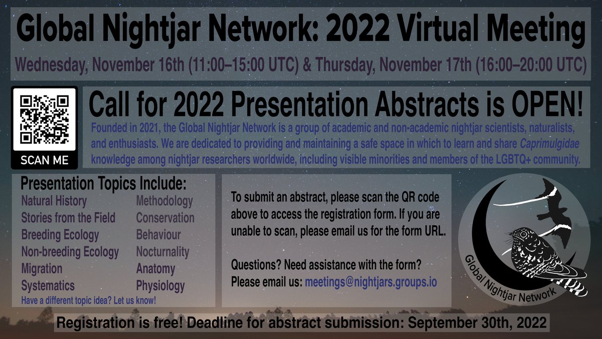 GET. EXCITED. 🐦🌒✨

In 2021, the #GlobalNightjarNetwork initiated the very first virtual worldwide nightjar conference...

...and it was so successful, we're doing it again! 

Registration is FREE. Please retweet to spread the word! More details in thread. 🧵1/

#nightjars