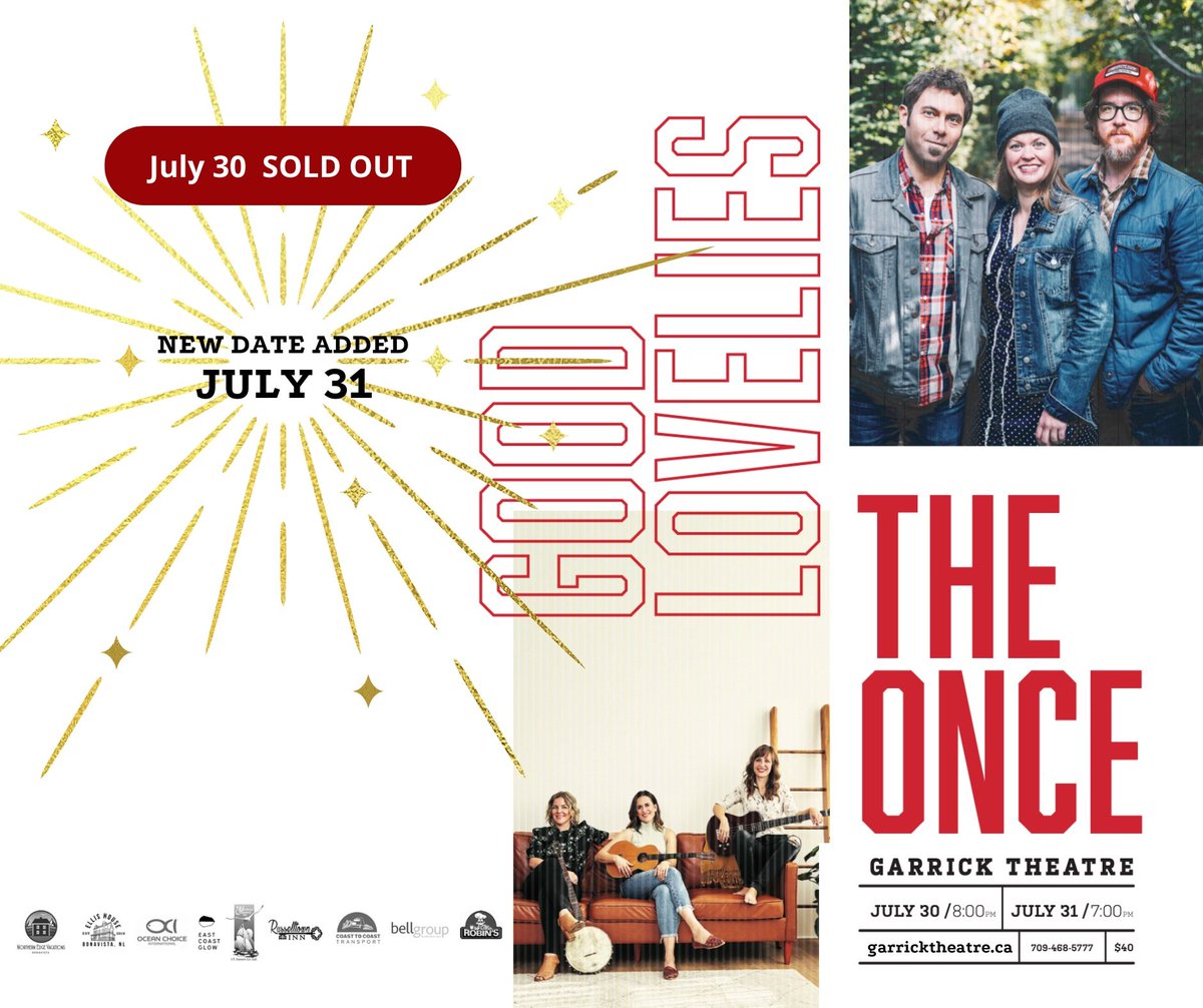 Garrick_Theatre's tweet photo. We're very pleased to welcome both @theonceband @goodlovelies to @Garrick_Theatre for 2 fantastic shows this weekend. Please note the 7:00 pm start time Sunday night. @CBCWam @OnTheGoCBC @centralmorning @coast1011 @975krock @NLLiveEvents @LegendaryCoasts @ears2dground @_MusicNL_ https://t.co/DQztsxGEY4