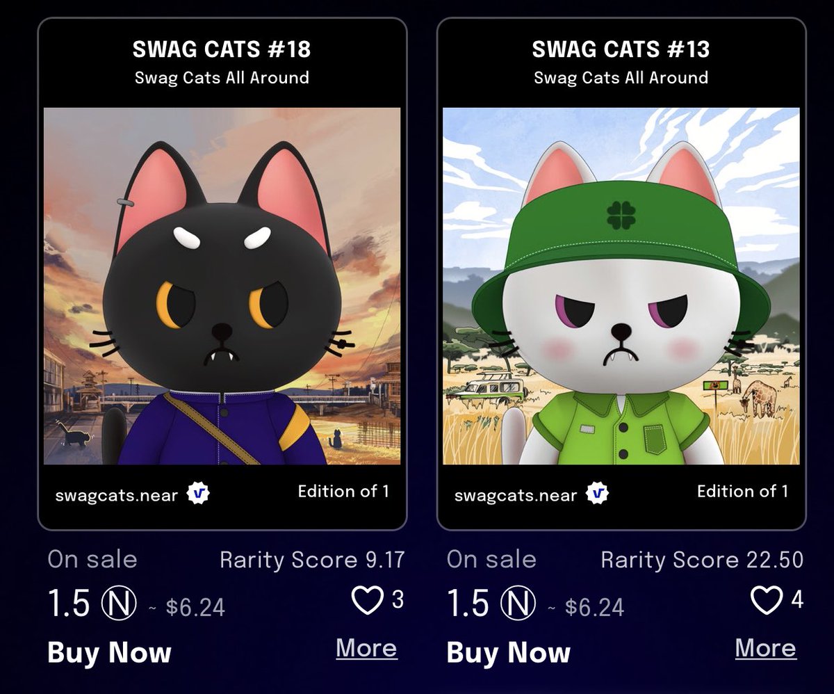 😻Swag cats all around on Paras 😻

Common : 1.5N

ยังมีน้องๆรอรับเลี้ยงอยู่นะงับ 
❤️ Join our discord : discord.com/invite/shdkbWg…

💙Paras : paras.id/collection/swa…

#NFTs #NFTCommunity #NFTTHAILAND #PARASnft
#NEARcollector #NEARnft #PARASnft