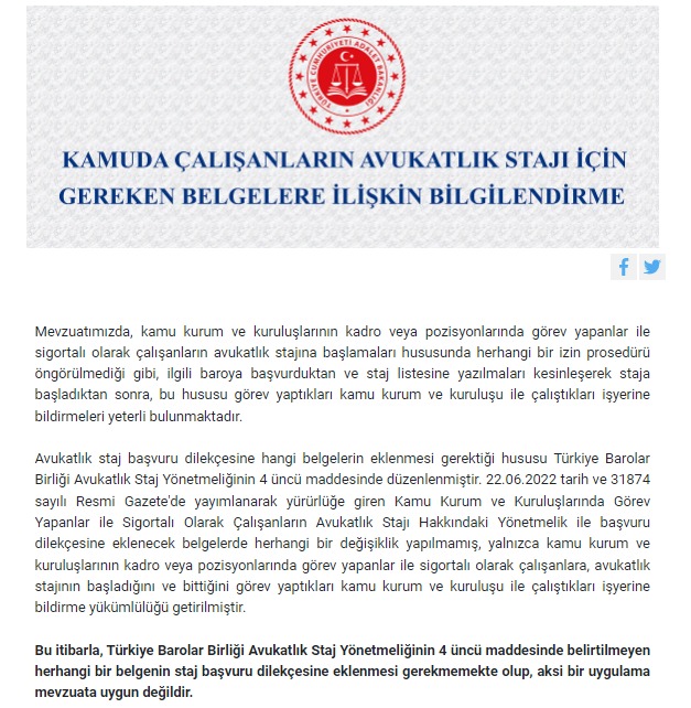 HUKUKÇU MEMURLAR PLATFORMU (@huk_mem_pltf) on Twitter photo higm.adalet.gov.tr/Home/SayfaDeta…
İzin usulünün ve diğer belge taleplerinin mevzuata aykırı olduğunu ifade etmistik.
Gerekli açıklama <a href="/adalet_bakanlik/">T.C. Adalet Bakanlığı</a> tarafından yapıldı.
Baroları mevzuata uygun hareket etmeye tekrar davet ediyoruz.
<a href="/barolar/">Türkiye Barolar Birliği</a> <a href="/izmir_barosu/">İzmir Barosu - #SavunmaSusturulamaz</a> <a href="/KayseriBarosu/">Kayseri Barosu</a> <a href="/BursaBarosu/">Bursa Barosu</a> higm.adalet.gov.tr/Home/SayfaDeta…
İzin usulünün ve diğer belge taleplerinin mevzuata aykırı olduğunu ifade etmistik.
Gerekli açıklama <a href="/adalet_bakanlik/">T.C. Adalet Bakanlığı</a> tarafından yapıldı.
Baroları mevzuata uygun hareket etmeye tekrar davet ediyoruz.
<a href="/barolar/">Türkiye Barolar Birliği</a> <a href="/izmir_barosu/">İzmir Barosu - #SavunmaSusturulamaz</a> <a href="/KayseriBarosu/">Kayseri Barosu</a> <a href="/BursaBarosu/">Bursa Barosu</a>