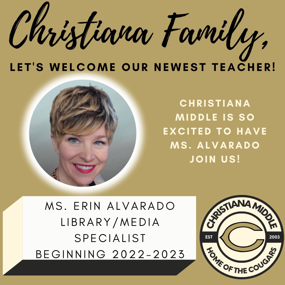 Welcome to the Christiana Middle Family! <a href="/kylemnix/">Dr. Kyle Nix</a>
#WeAreChristiana #GoCougars 💛🖤 <a href="/ErinDAlvarado/">Eɾιɳ Aʅʋαɾαԃσ</a>