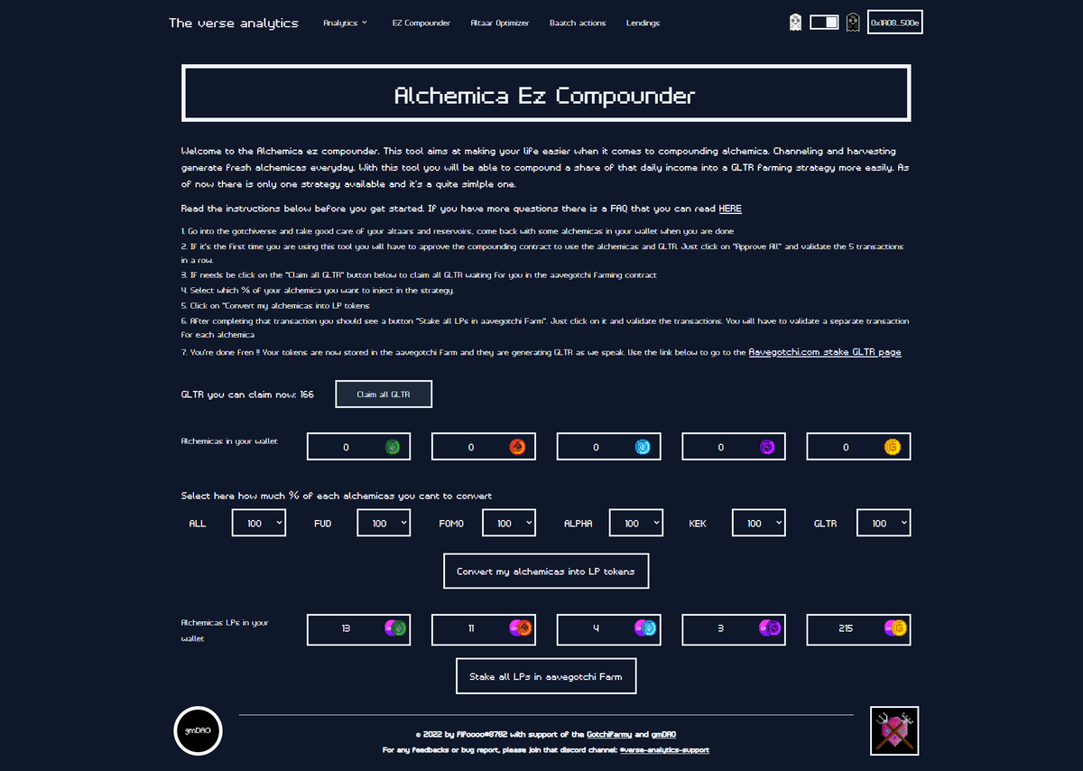 FiFoOoO8782's tweet photo. gm frens !
I just released a new feature, it's called the alchemica ez compounder. It will help you compound your $alchemicas to get more $gltr !
Thanks @TheGotchiFArmy and @pgendreau for your support on that one
https://t.co/H3qy26fH7x
@aavegotchi #Gotchiverse #Gotchigang https://t.co/CqOYOjJcOh