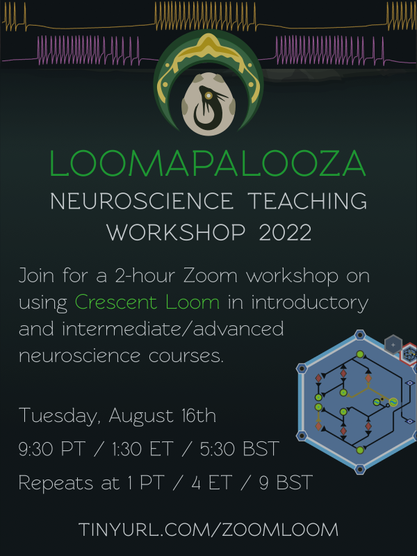 We're back for another round! Have you used CL this last year and want to compare notes? Or would like to find out where to start?

Join us for LOOMAPALOOZA: a free 2-hr Zoom workshop for using CL in neuro courses (as well as basic usage).

~ August 16 ~
crescentloom.com/loomapalooza