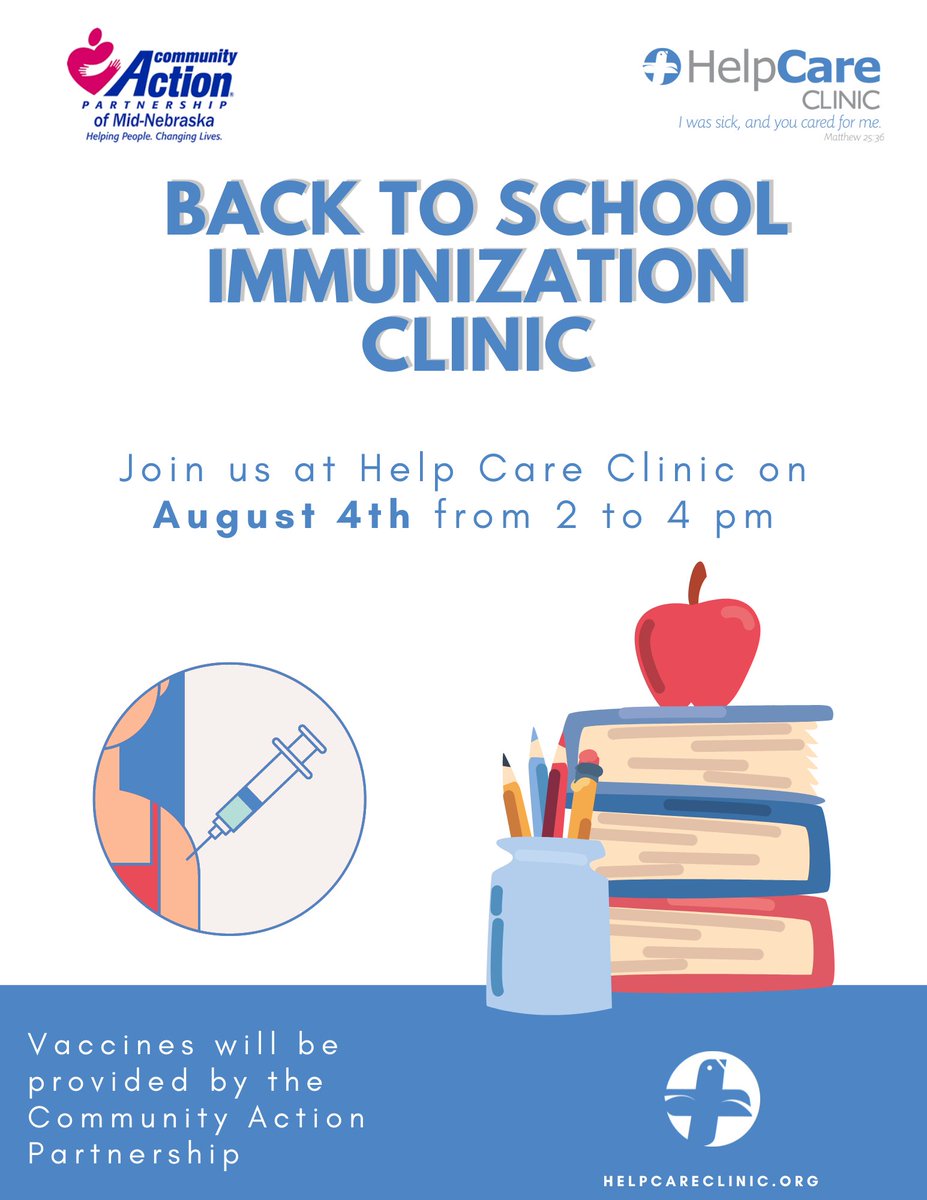 ✏️📚👧👦 HelpCare Clinic will be holding the Back-to-school Immunization Clinic the next August 4th from 2:00 pm to 4:00 pm.
Vaccines will be provided by the Community Action Partnership.
💉Bring previous shot records if possible.