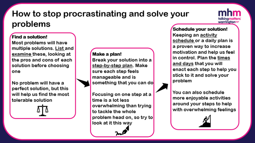NHSWarringtonTT's tweet photo. When we're worrying about something, it can be a natural response to want to avoid it, but this can sometimes stop us from solving our problems.

Here's some advice for stopping procrastinating and starting to manage the things that cause your worries! https://t.co/mgr2DiovOq