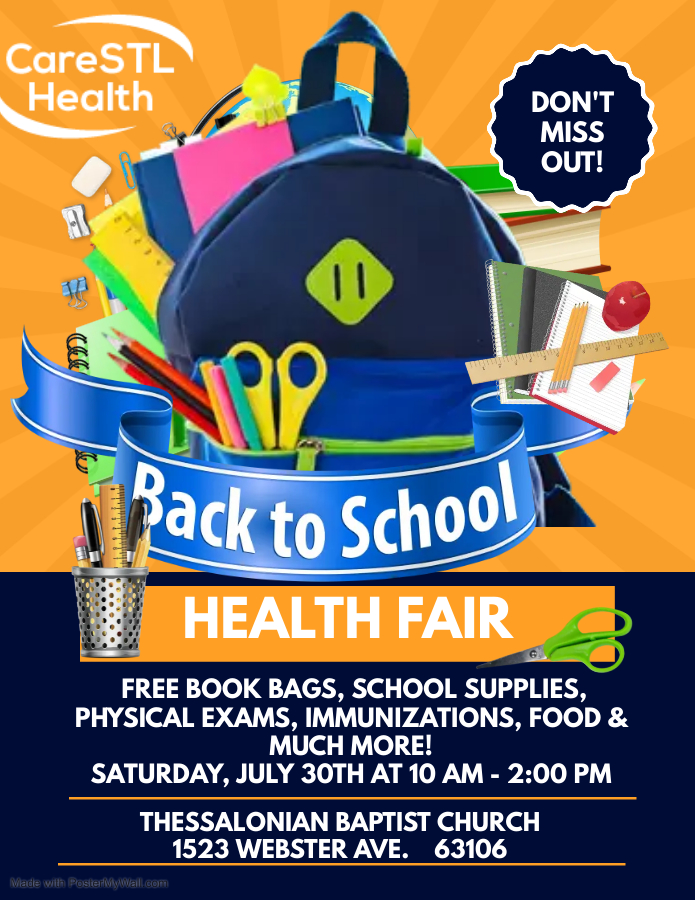 .<a href="/CareSTLHealth/">CareSTL Health</a> is facilitating a series of Back to School Health Fairs for children and families across STL City! Bring your kids to the upcoming fair on Saturday for free book bags and school supplies, health screenings, food and info about resources from participating vendors.