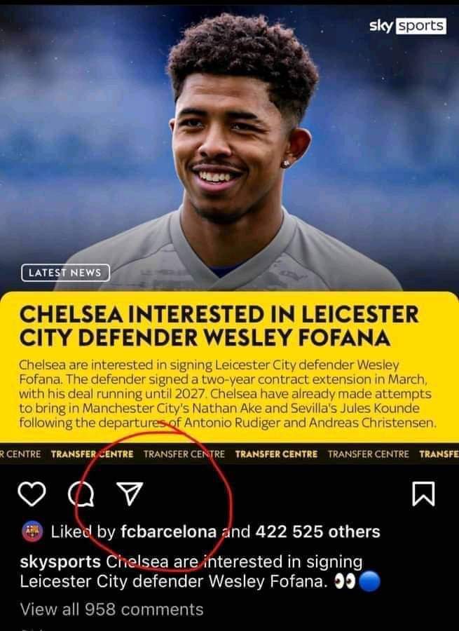 Barcelona liked a post about Chelsea's interest in Fofana.

Vawulence pro max served at Camp Nou 😹😹😹😹 🤣🤣🤣🤣🤣