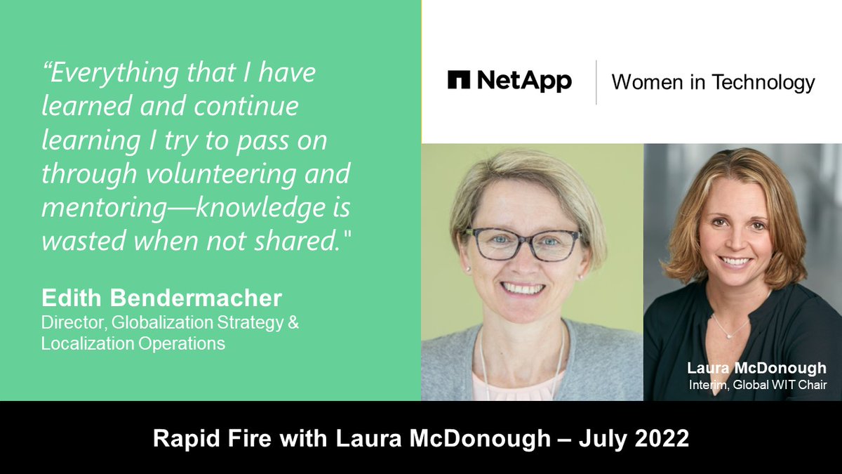 NetAppWIT's tweet image. This month&apos;s NetApp Women in Tech Rapid Fire interview series features Laura McDonough&apos;s interview with @NetApp&apos;s Edith Bendermacher. 

She shares her own words about her team, and the unique point of view and special strength that they bring to work every day. 

#NetAppWIT