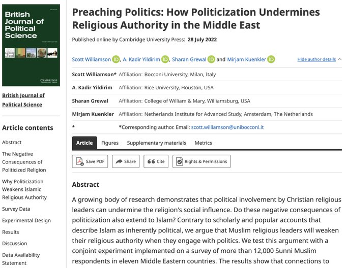 British Jnl Poli Sci (@bjpols) on Twitter photo MT <a href="/akyildirim/">a.kadir yildirim</a>: Thrilled to have this article published <a href="/BJPolS/">British Jnl Poli Sci</a> with excellent colleagues <a href="/scottrw630/">Scott Williamson</a>, <a href="/sh_grewal/">Sharan Grewal</a>, & @MirjamKuenkler!
We share the findings from an original conjoint experiment on how politics affect religious authority of Muslim clerics.
ow.ly/IOkU50K6r71 MT <a href="/akyildirim/">a.kadir yildirim</a>: Thrilled to have this article published <a href="/BJPolS/">British Jnl Poli Sci</a> with excellent colleagues <a href="/scottrw630/">Scott Williamson</a>, <a href="/sh_grewal/">Sharan Grewal</a>, & @MirjamKuenkler!
We share the findings from an original conjoint experiment on how politics affect religious authority of Muslim clerics.
ow.ly/IOkU50K6r71