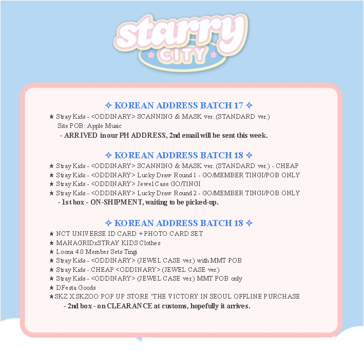 starrycityph's tweet photo. ┈┈⋆ #SCPHUpdates✨
Thank you so much for the patience
Always Stay Safe and Healthy po!

☆ If we missed an update don't hesitate to DM us.
☆ Incoming updates this week will be replied to this tweet. https://t.co/pheULGQBOE