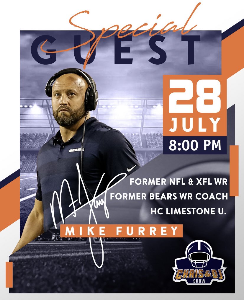 TONIGHT: Former #Bears WR coach, now Head Coach at Limestone University, Mike Furrey joins @DJMoore30 & I on the @ChrisAndDJShow! Be sure to tune in at 8pm CT/9pm EST at m.youtube.com/watch?v=_9IYRD…. Show can also be found on my TL + the @ChrisAndDJShow TL the second we go live!