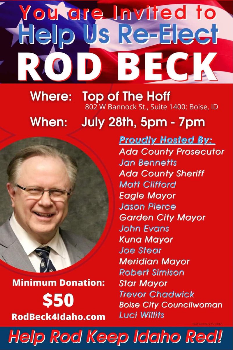 idgop22's tweet photo. Help us Re-Elect @Ada_County @RodWBeck!
Join with local Republican leaders at the historic Top of the Hoff in Boise TONIGHT.
#idpol #adagop #keepadared https://t.co/0rOQVOwELy